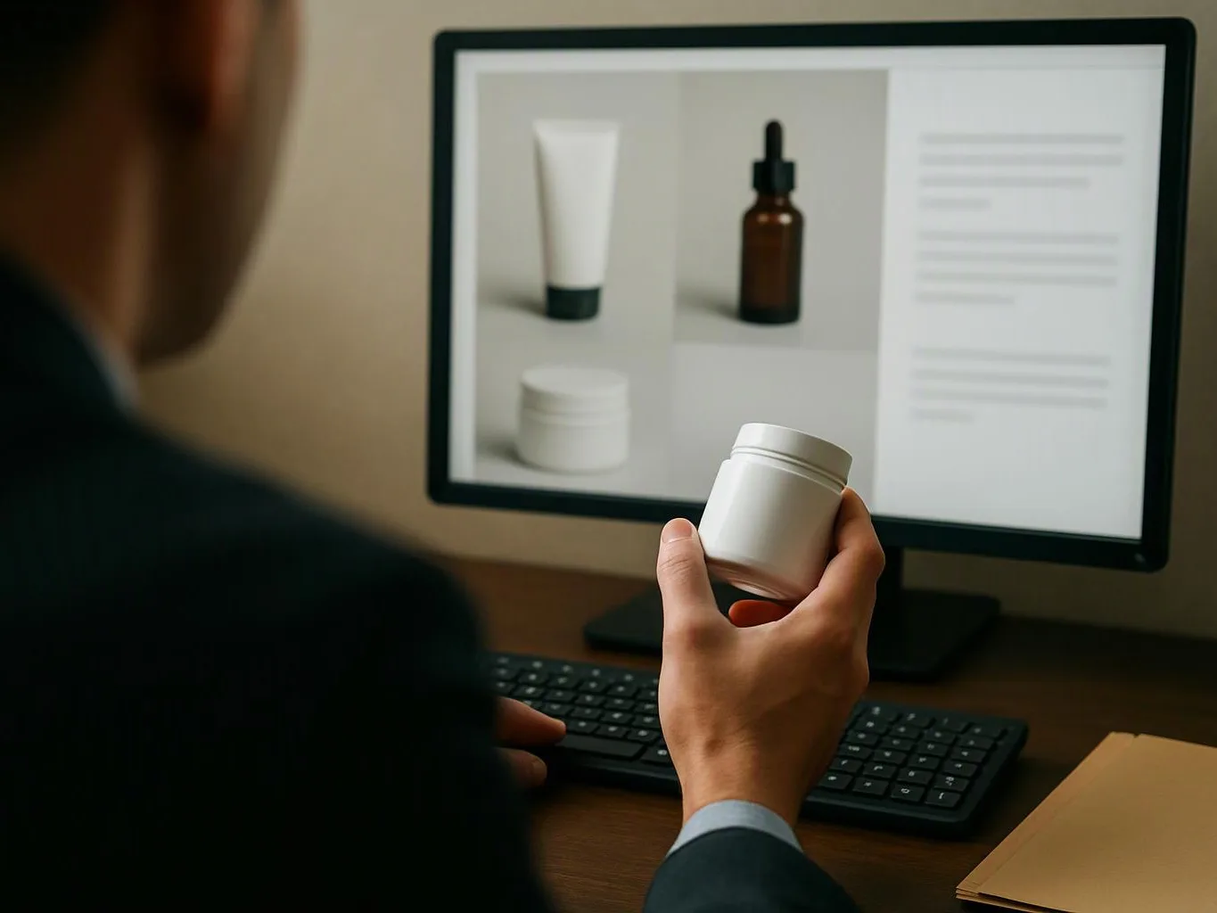 A person holds a white cosmetic jar while viewing product photos on a desktop monitor
