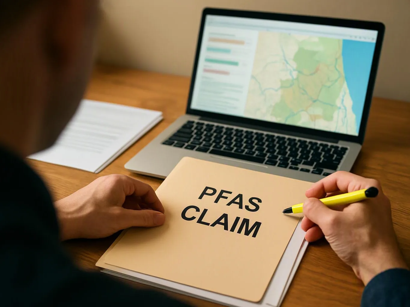 A person holds a yellow pen over a folder labeled PFAS CLAIM beside a laptop showing a map
