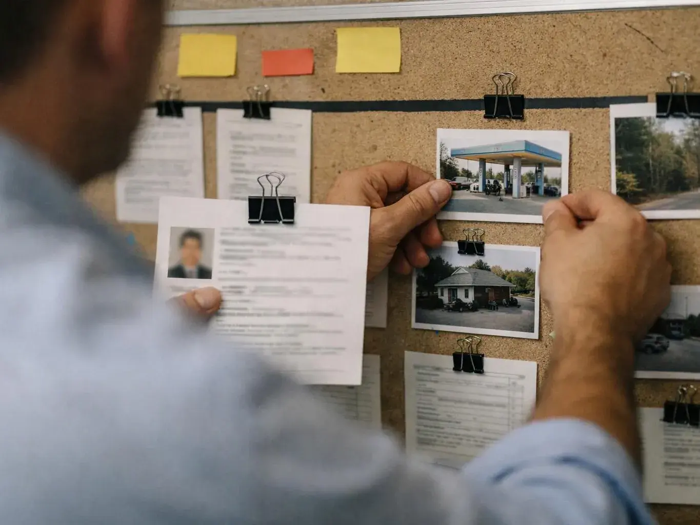 A person pins papers and small house photos on a corkboard, studying a wall of case notes