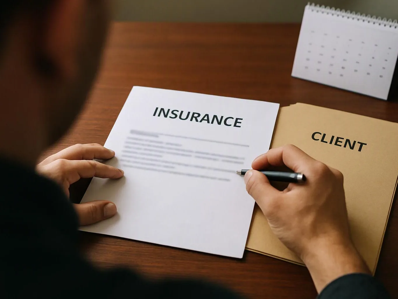 A person signs an insurance document beside a folder labeled client on a wooden desk