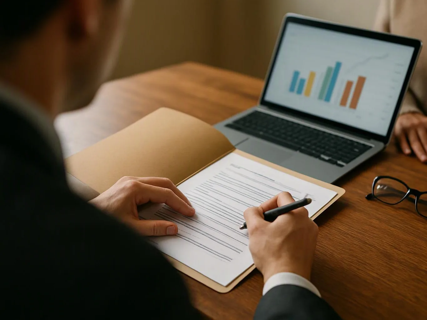 A person in a suit fills out a form beside a laptop showing colorful bar charts on a wooden table