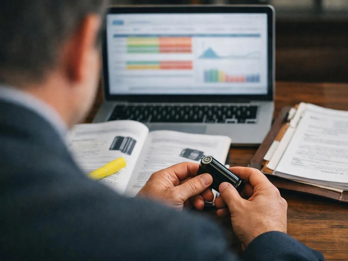 A person in a suit holds a battery while studying papers and a laptop with charts on a desk