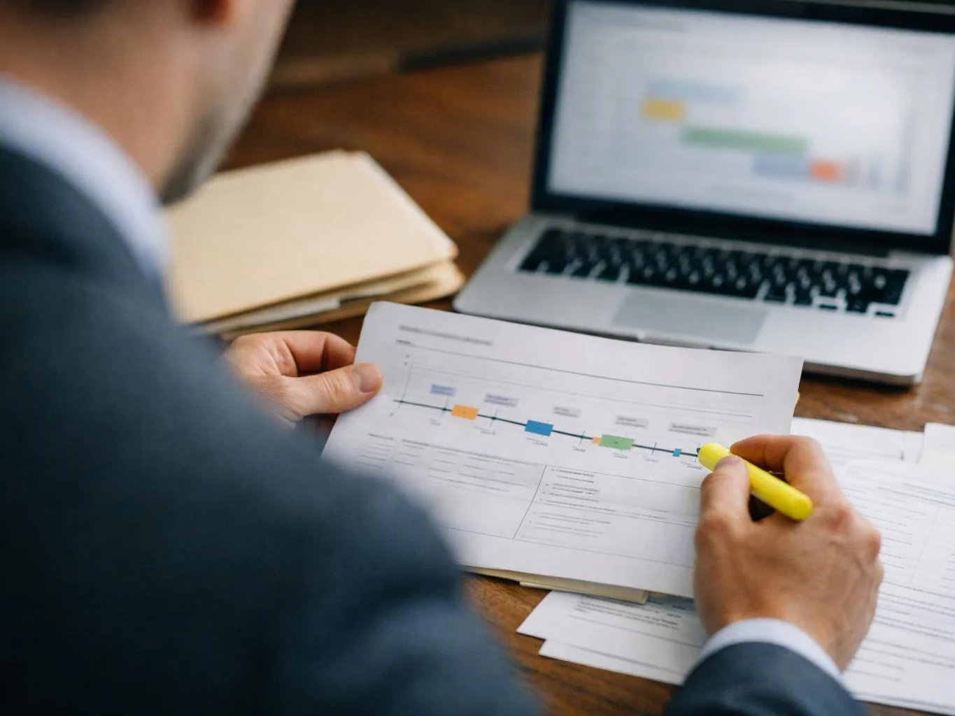 A person in a suit marks a printed chart with a yellow highlighter beside a laptop on a wooden desk
