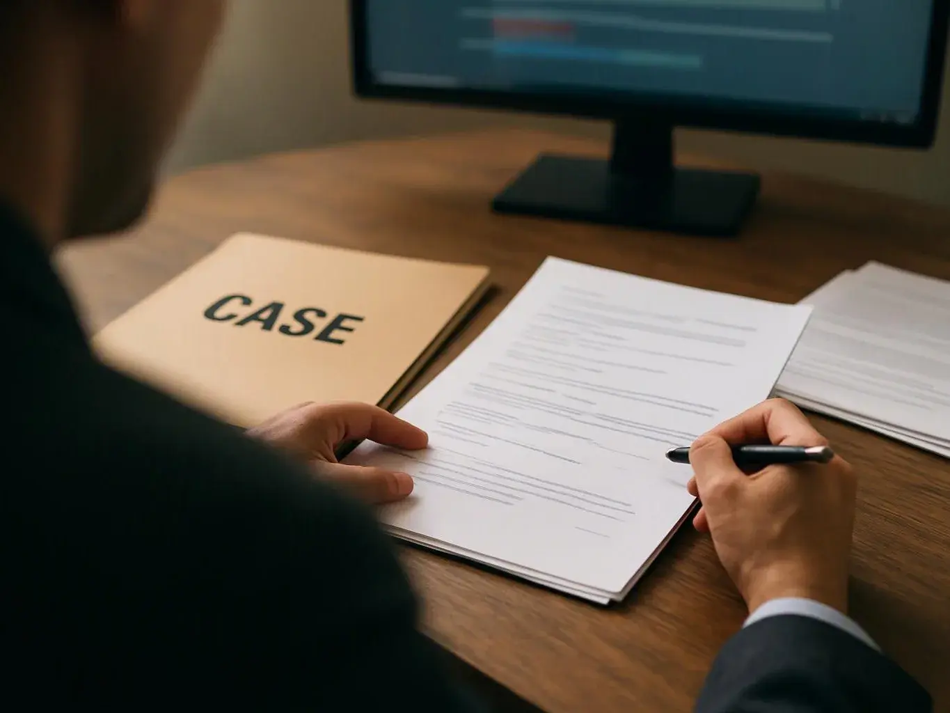 A person in a suit reviews papers and writes at a desk beside a folder labeled CASE and a computer screen