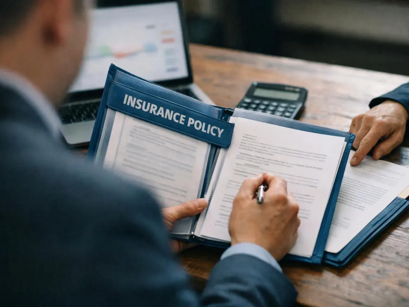 A person in a suit signs an insurance policy folder at a desk with a laptop and calculator