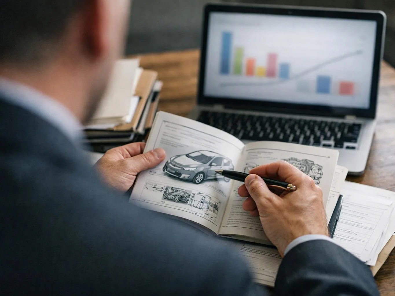 A person in a suit studies a car design book with a pen beside a laptop showing charts