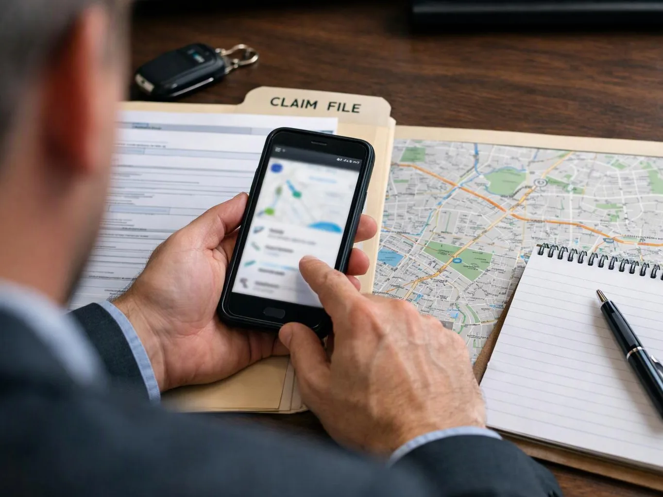 A person in a suit taps a smartphone beside a claim file, map, notebook, pen, and car keys on a desk