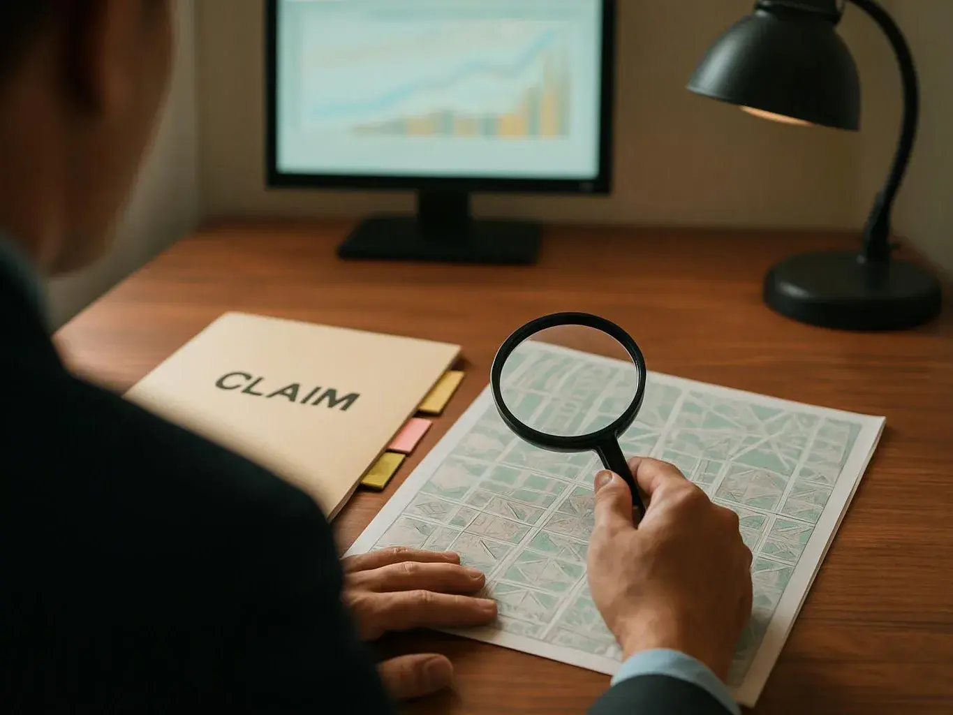 A person uses a magnifying glass over a map on a desk beside a folder labeled “CLAIM”