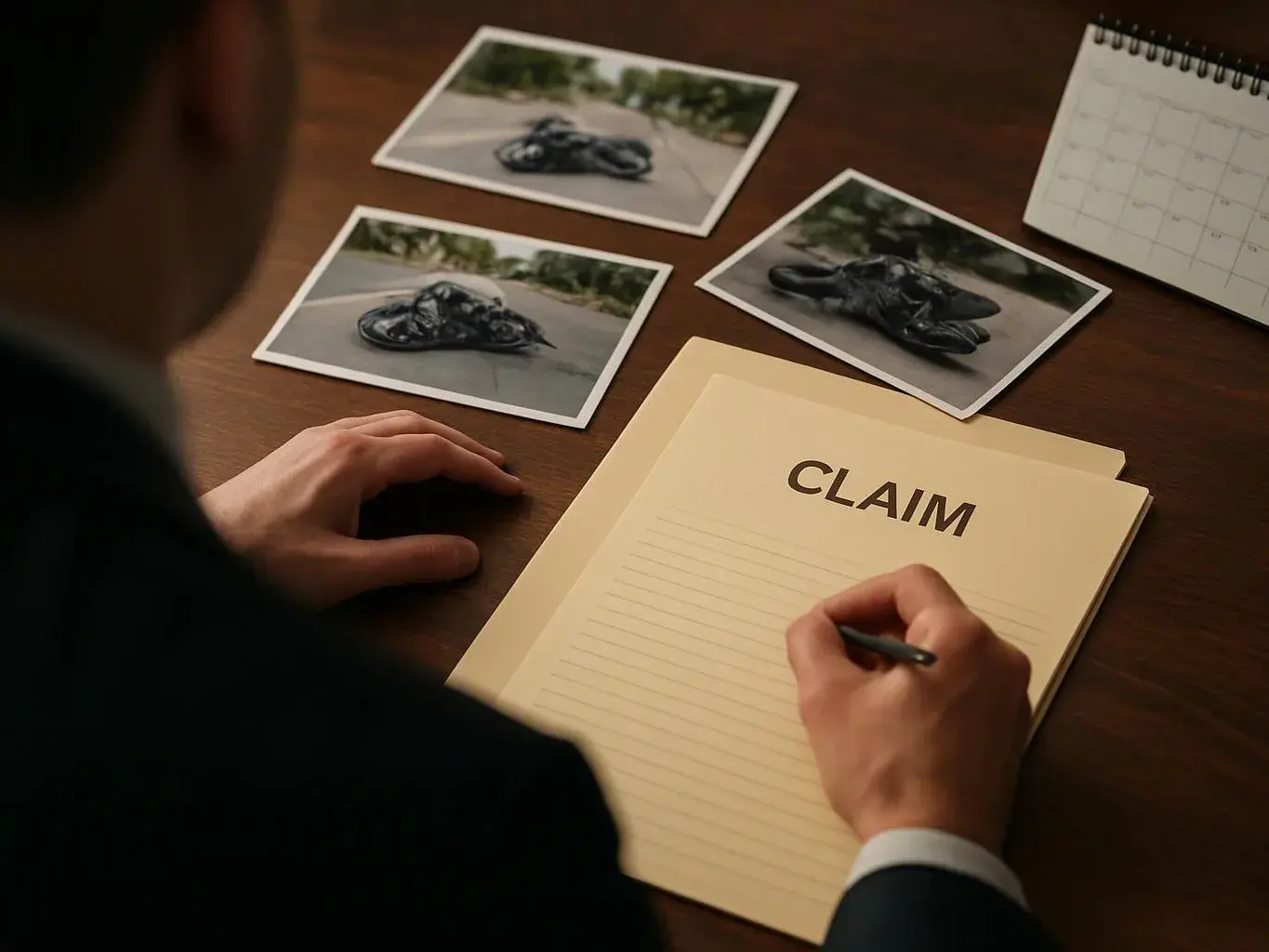 A person writes on a claim form beside three motorcycle crash photos and a desk calendar