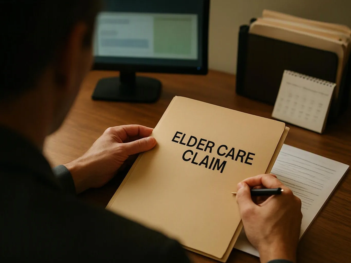 A person writes on a folder labeled "ELDER CARE CLAIM" at a desk with a computer and papers