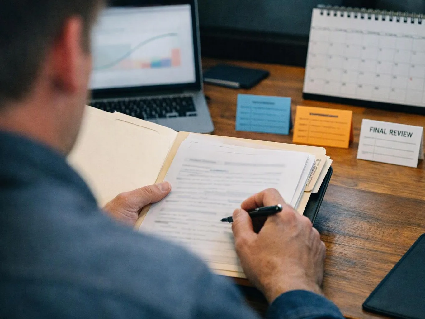 A person writes in a notebook at a desk with a laptop, calendar, and review cards nearby