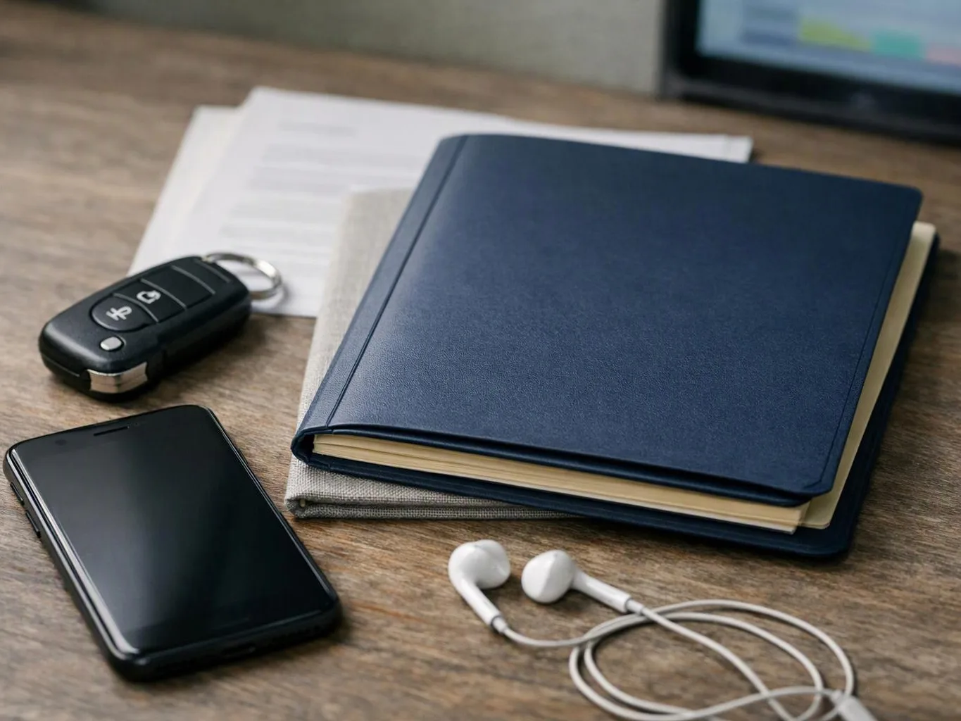 A phone, car key fob, notebook, papers, and earphones rest on a wooden desk in soft light