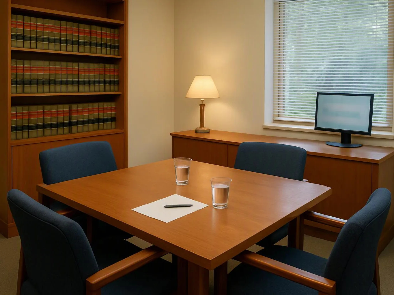 A quiet meeting room has a wooden table, blue chairs, bookshelves, a lamp, a monitor, and two glasses of water