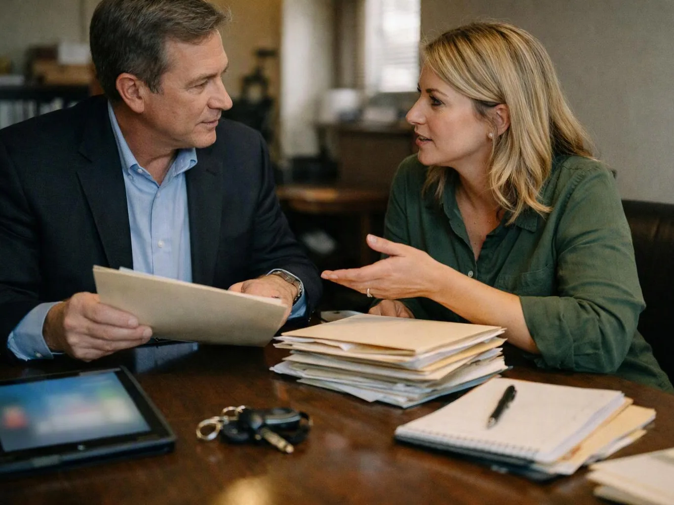 A man and woman talk over papers at a desk in a softly lit office