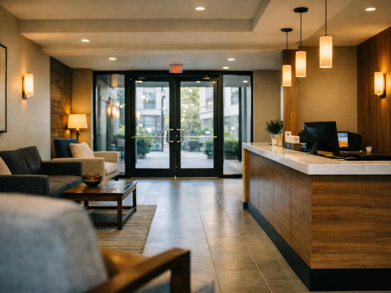 A quiet hotel lobby shows a front desk, sofas, pendant lights, and glass doors to a courtyard