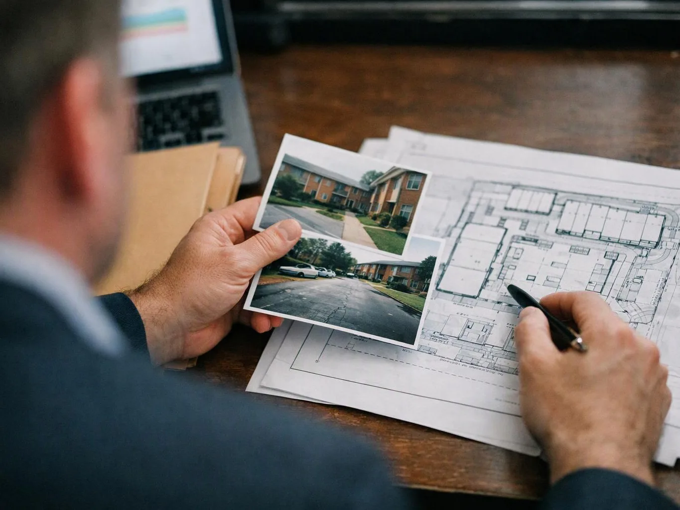 A person holds property photos and marks a floor plan on a desk with a pen