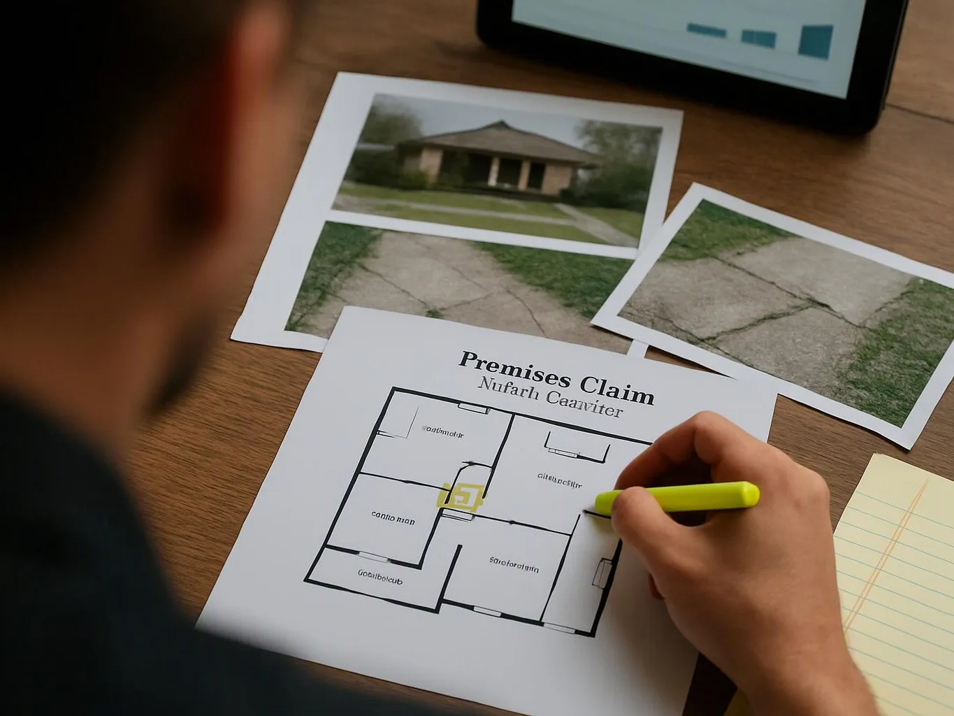 A person marks a floor plan on a claim form beside house photos on a wooden desk