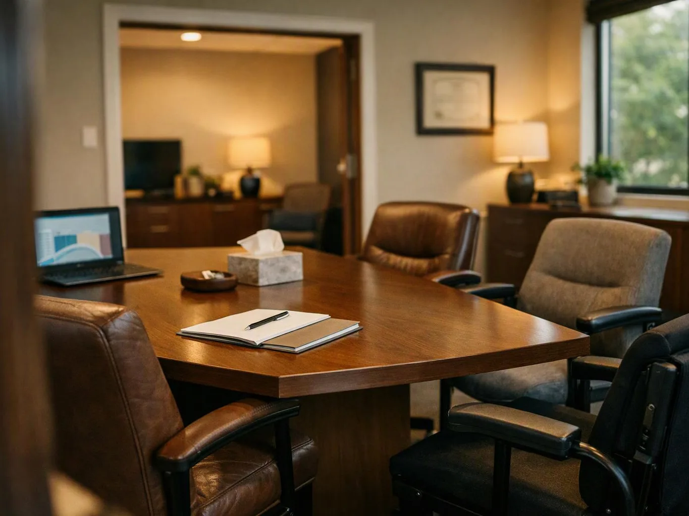 A quiet conference room shows a wooden table with chairs, a laptop, a notebook, and a tissue box