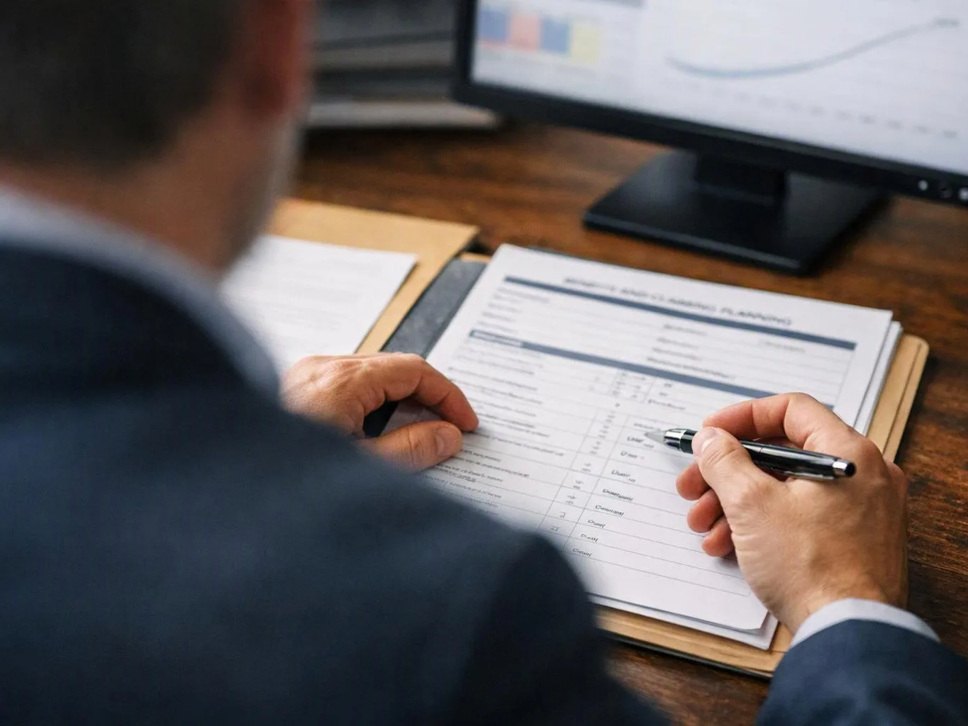 A person in a suit reviews papers with a pen at a desk beside a computer monitor showing charts