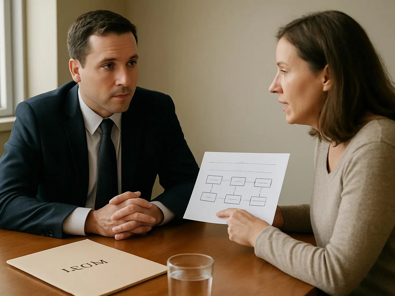 Two people talk at a table, one holding a flowchart page while the other listens in a plain office room