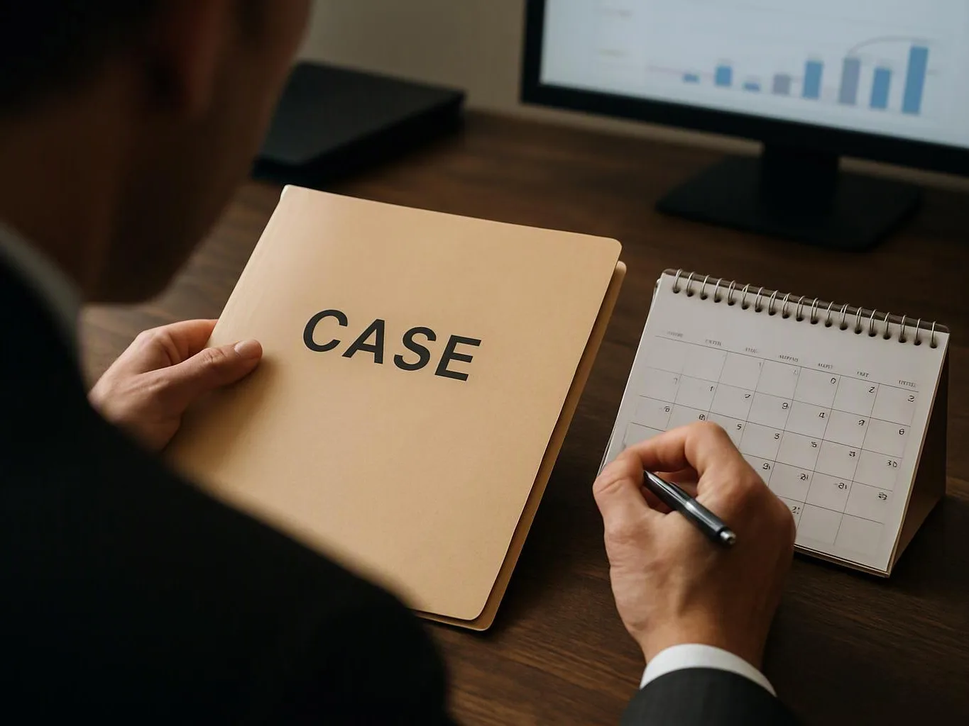 A person in a suit holds a folder labeled CASE and writes on a desk calendar beside a monitor with charts