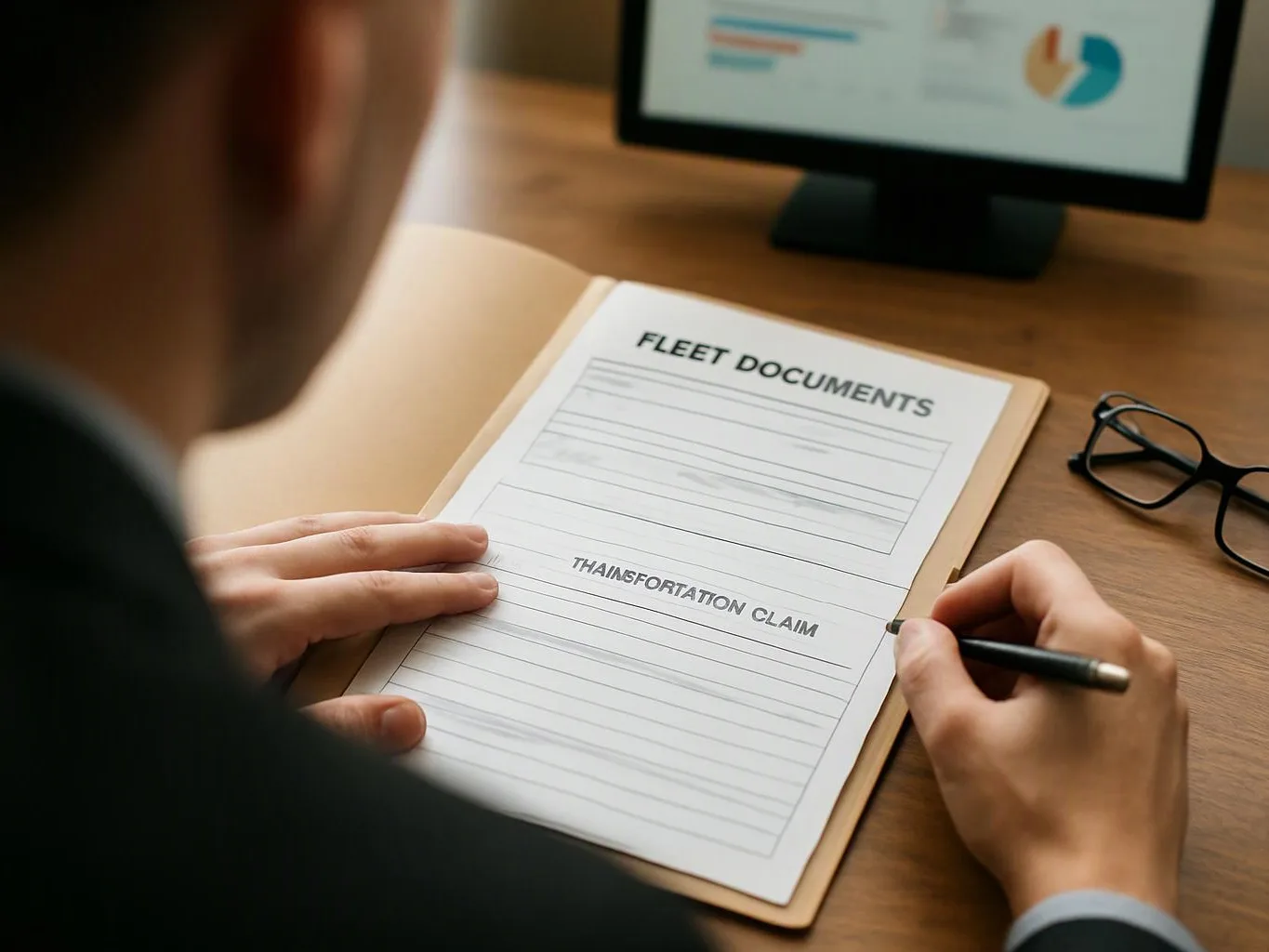 A person writes on a clipboard labeled “FLEET DOCUMENTS” beside a computer screen and eyeglasses