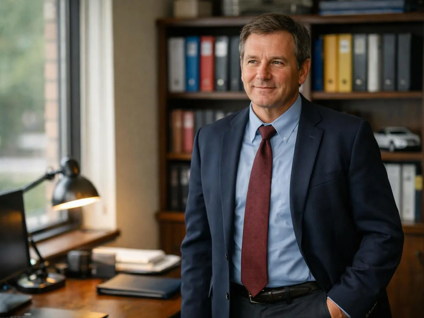A man in a suit stands in an office beside a desk, lamp, and bookcase