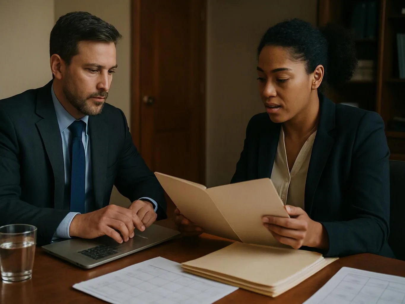 Two office workers review documents at a wooden table, with a laptop, papers, and a glass of water nearby