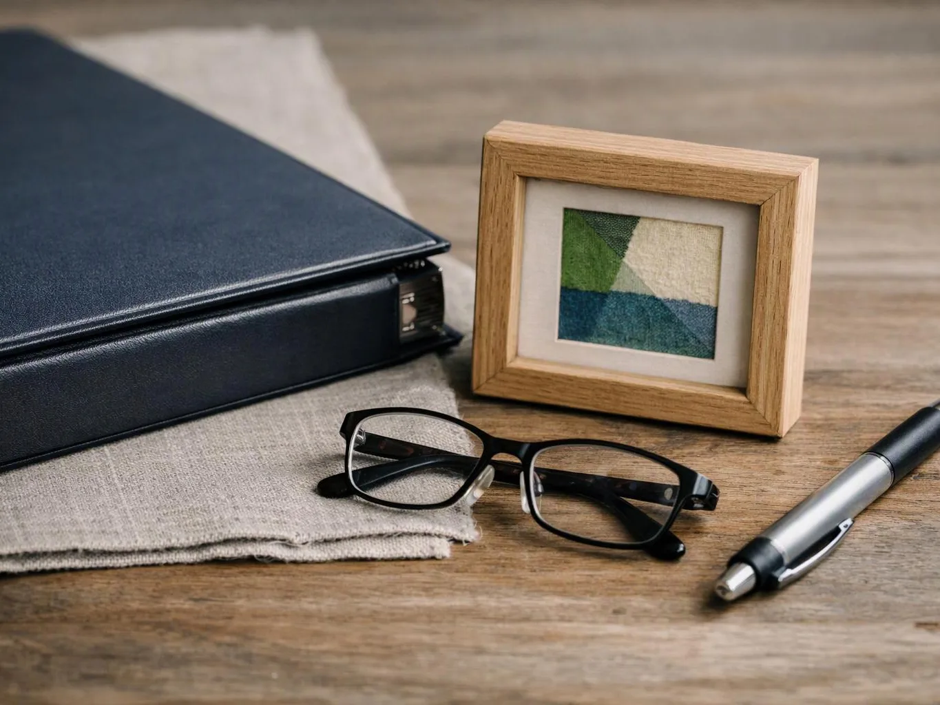 A black binder, eyeglasses, a pen, and a small framed abstract print rest on a wooden desk