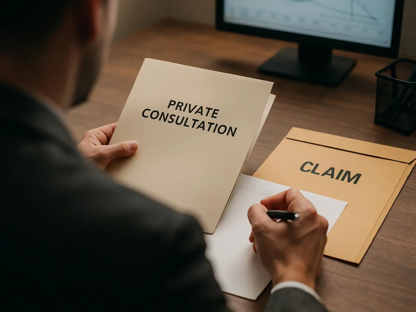 A person at a desk holds a folder labeled “PRIVATE CONSULTATION” and writes on paper beside a “CLAIM” folder