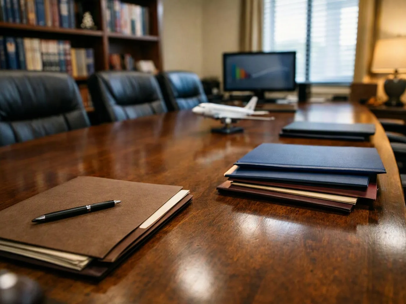 A polished conference table holds folders, a pen, a model airplane, black chairs, bookshelves