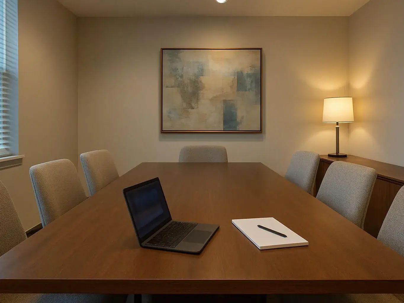 A quiet conference room holds a wooden table with a laptop, notebook, chairs, a lamp, and abstract wall art