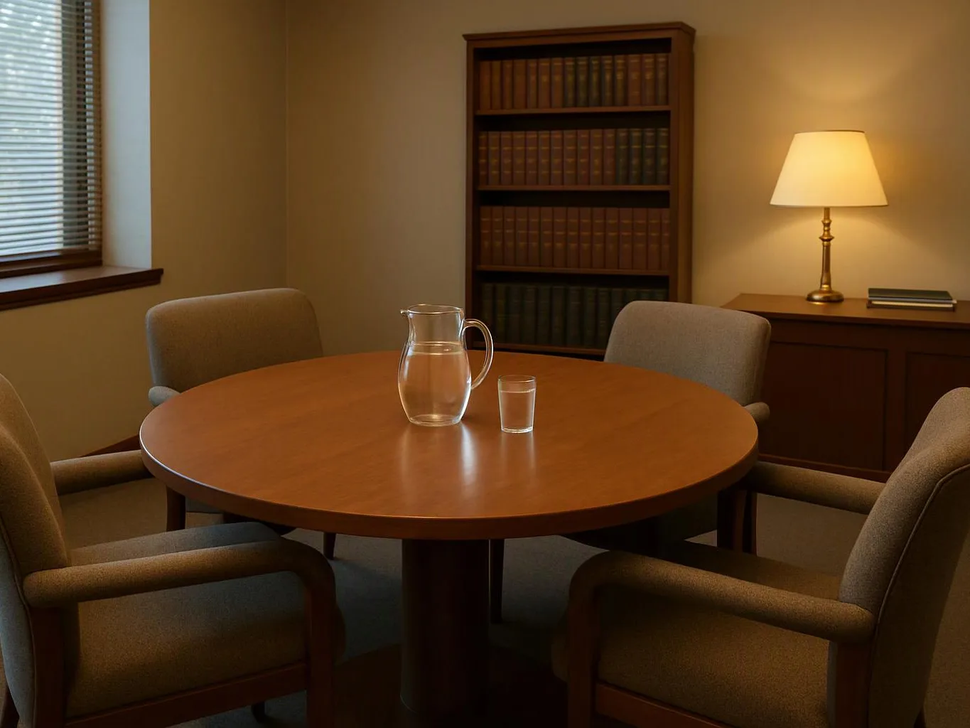 A quiet conference room shows a round table with a water pitcher, glass, and four empty chairs