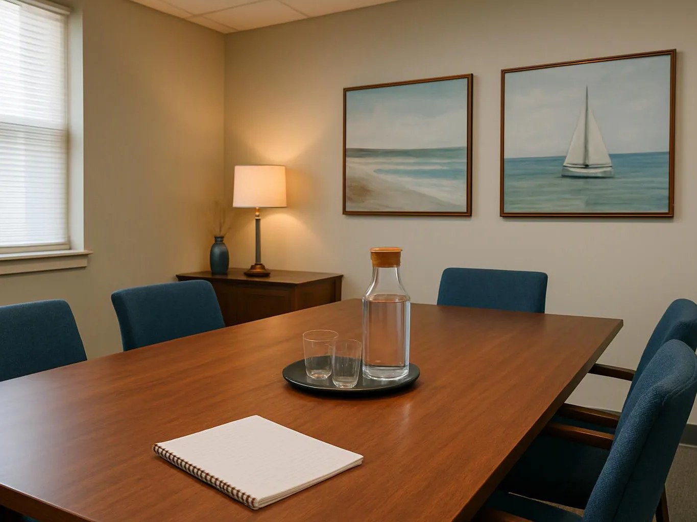A quiet meeting room has a wooden table with glasses, a water carafe, a notebook