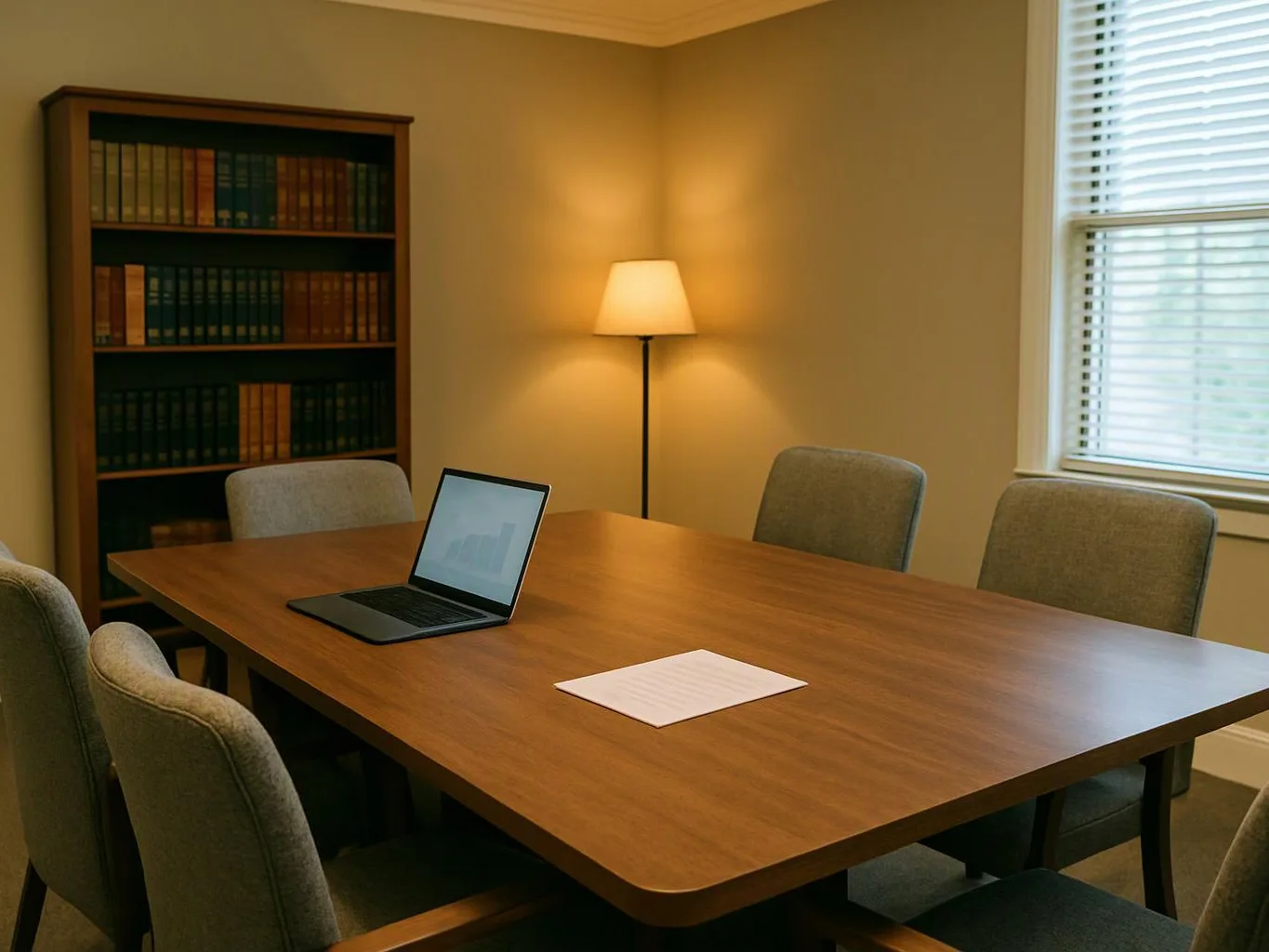 A quiet meeting room has a wooden table, laptop, paper, chairs, bookshelf, lamp, and window blinds