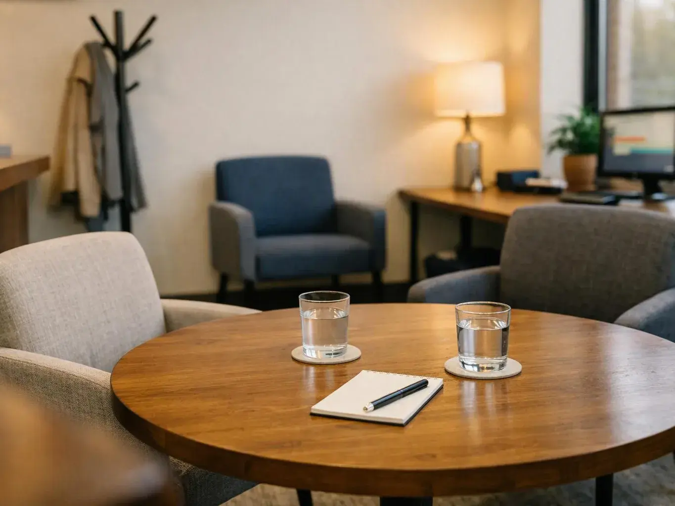 A quiet meeting room shows a round wooden table with water glasses, a notebook, chairs, and a lit lamp