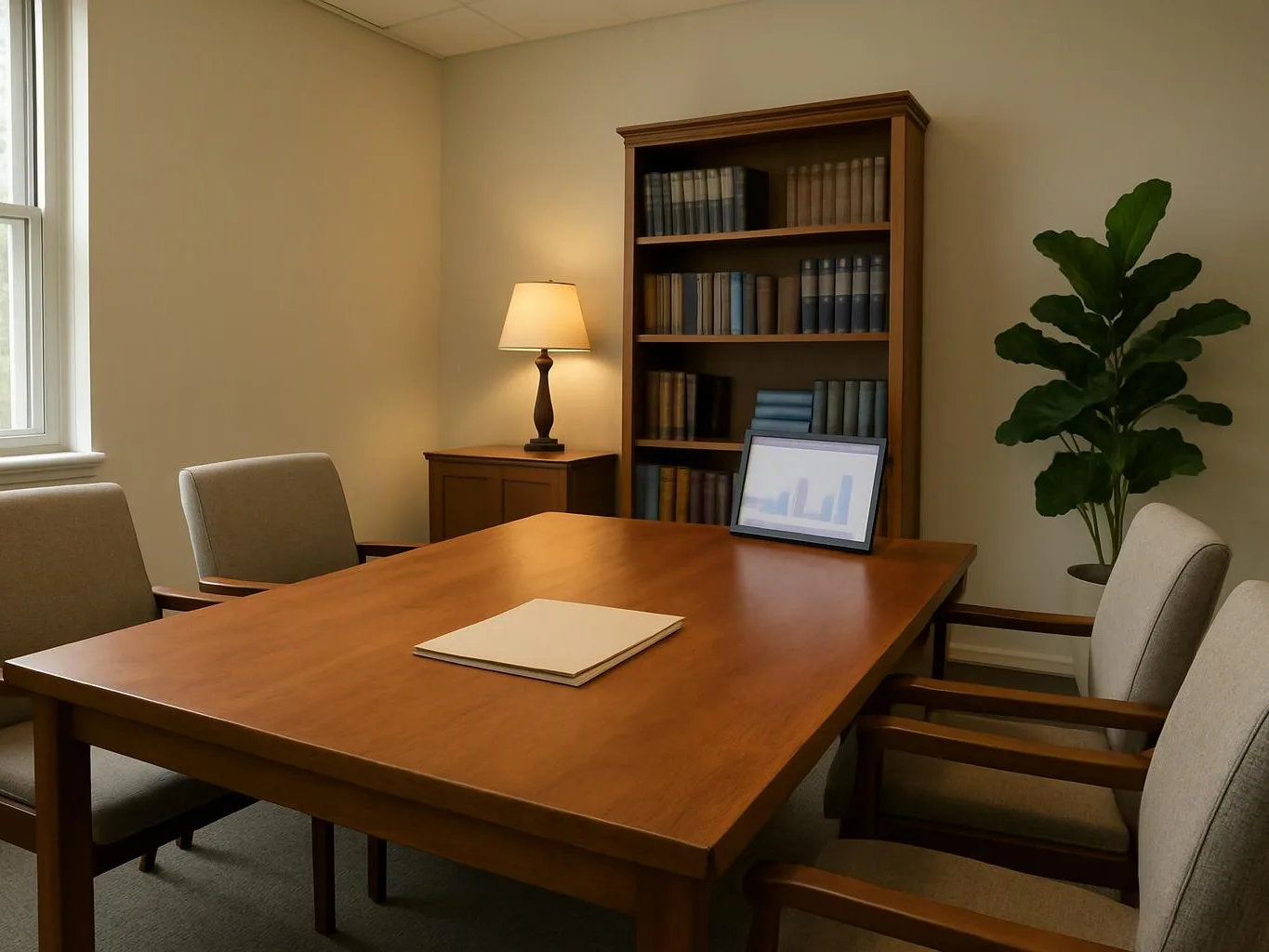 A quiet meeting room shows a wooden table, chairs, a lamp, bookshelves, a plant, and a framed chart on the table