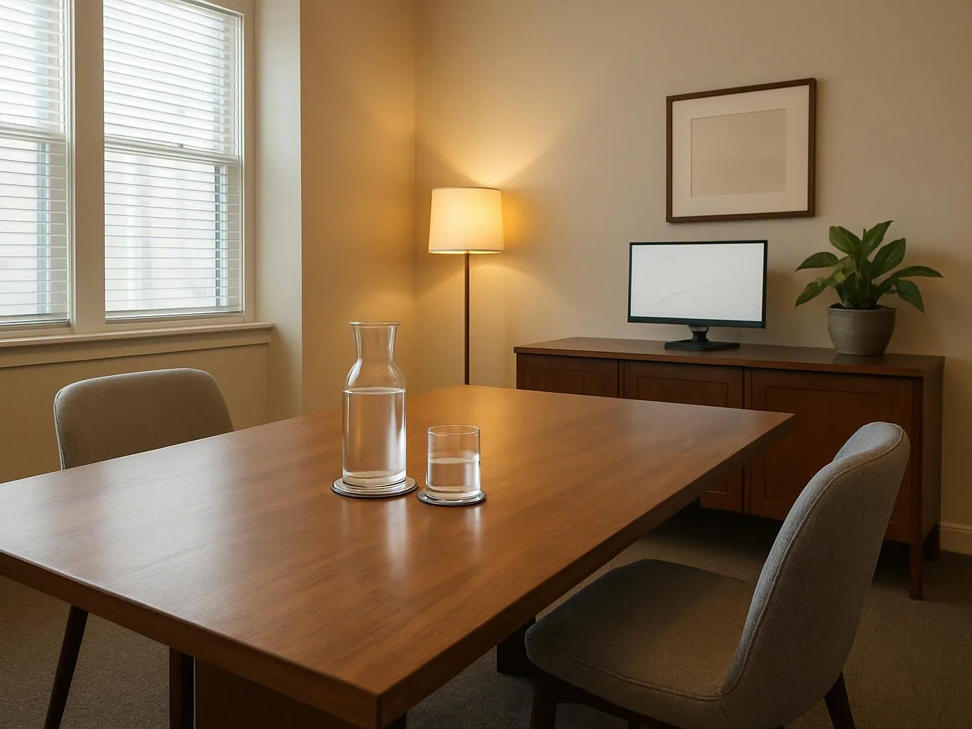 A quiet meeting room shows a wooden table, chairs, a lamp, a screen, and a plant by the wall