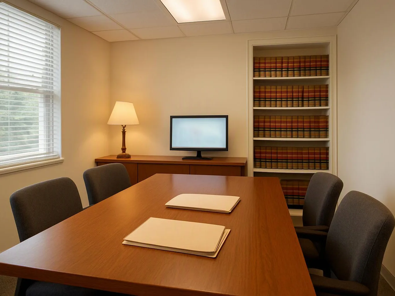 A quiet meeting room shows a wooden table, four chairs, a lamp, a monitor, and a shelf of books