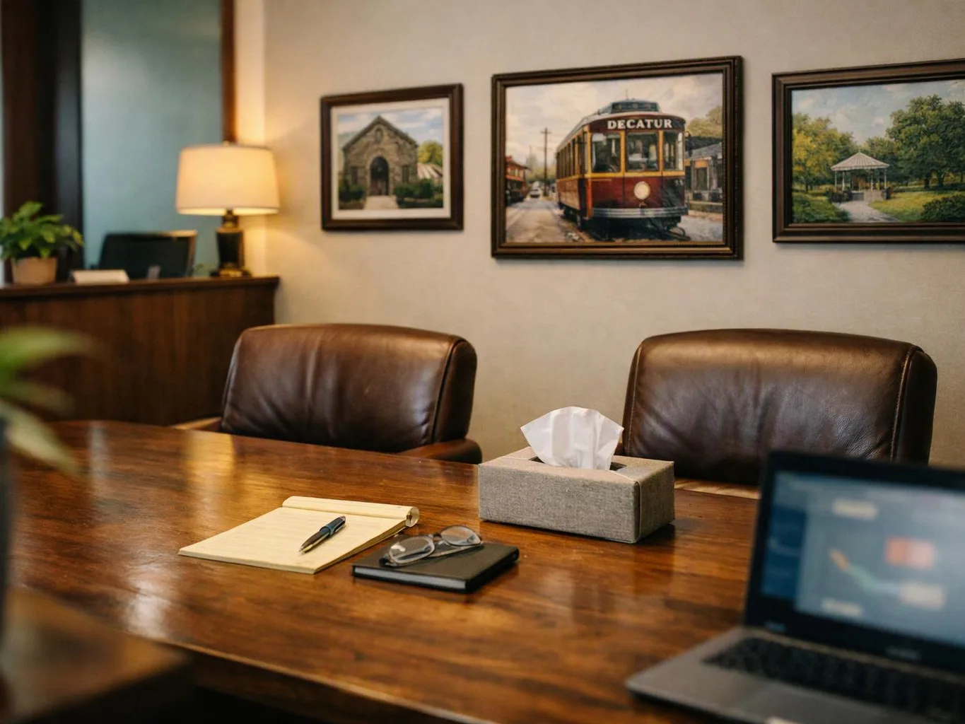 A quiet office meeting room with leather chairs, a wooden table, framed wall art, and a lamp