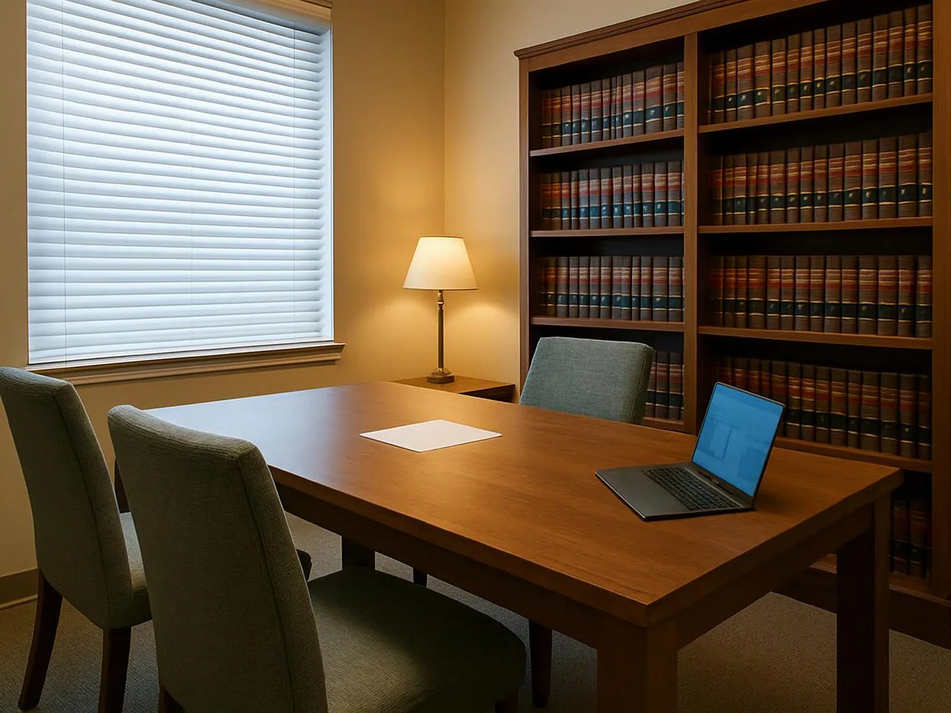 A quiet office with a wooden table, chairs, lamp, bookshelf, and open laptop beside a window with blinds