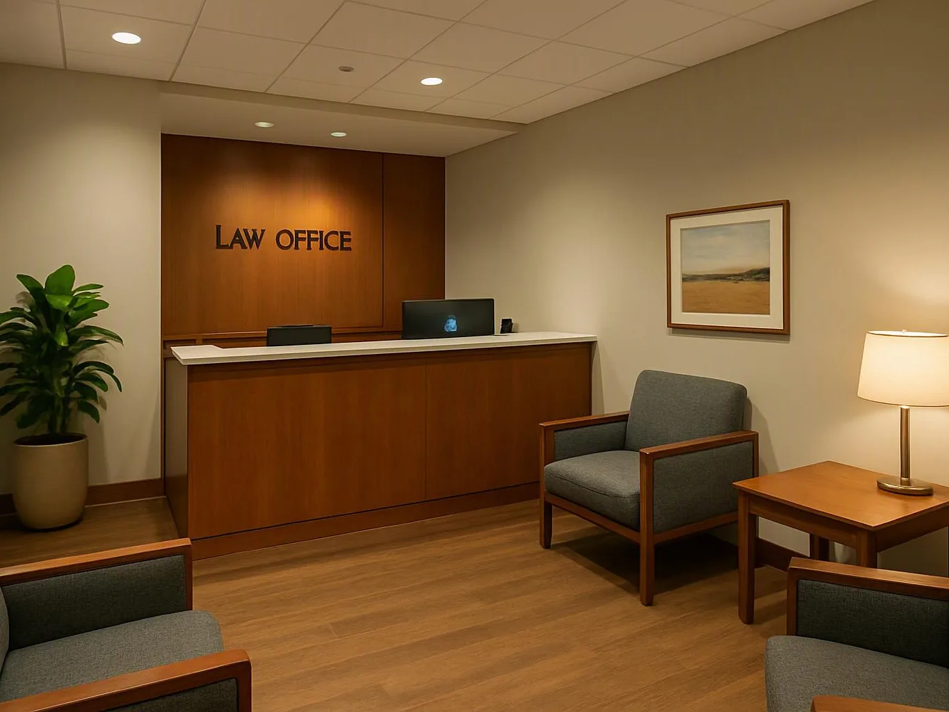 A quiet waiting room has a wood reception desk, gray chairs, a lamp, and a potted plant, with "LAW OFFICE" on the back wall
