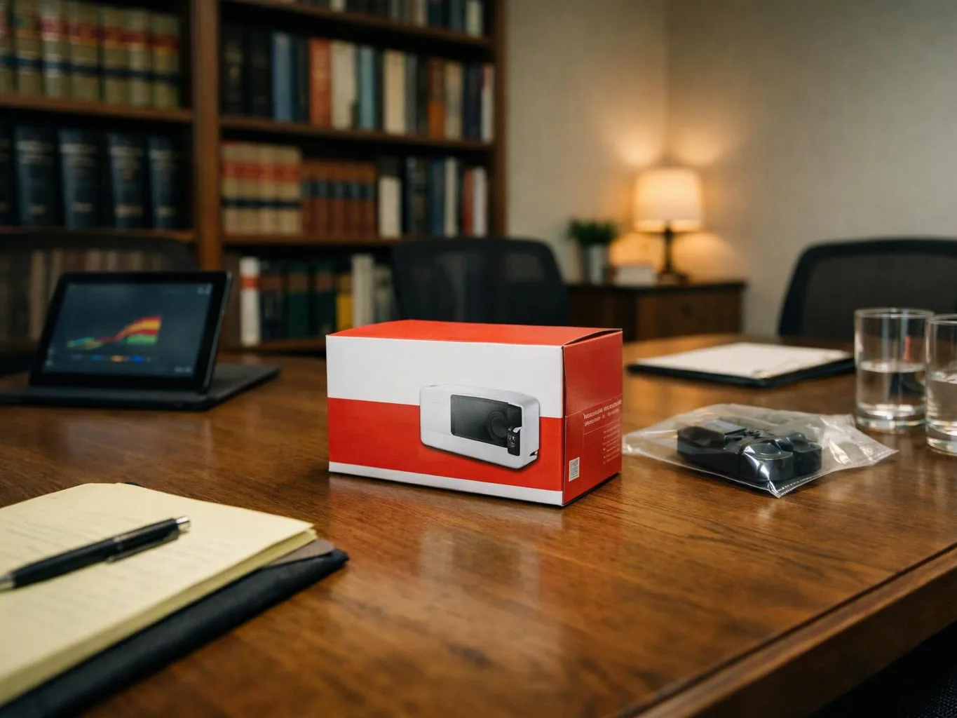 A red and white product box sits on a conference table with a laptop, notebook, glasses, and bookshelves behind it