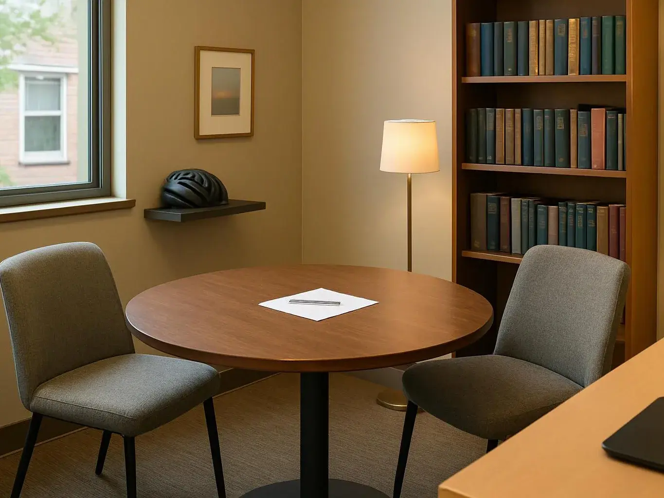 A small meeting room has two chairs, a round table with paper, a lamp, bookshelves, and a window