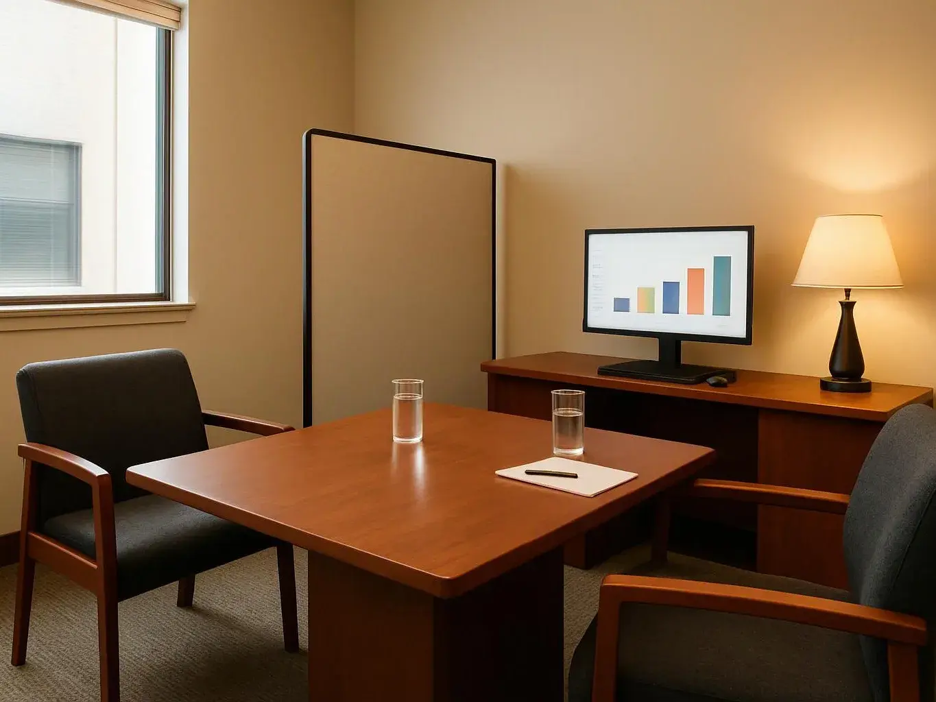 A small meeting room has two chairs, a wooden table, a monitor with a bar chart, and a lit lamp