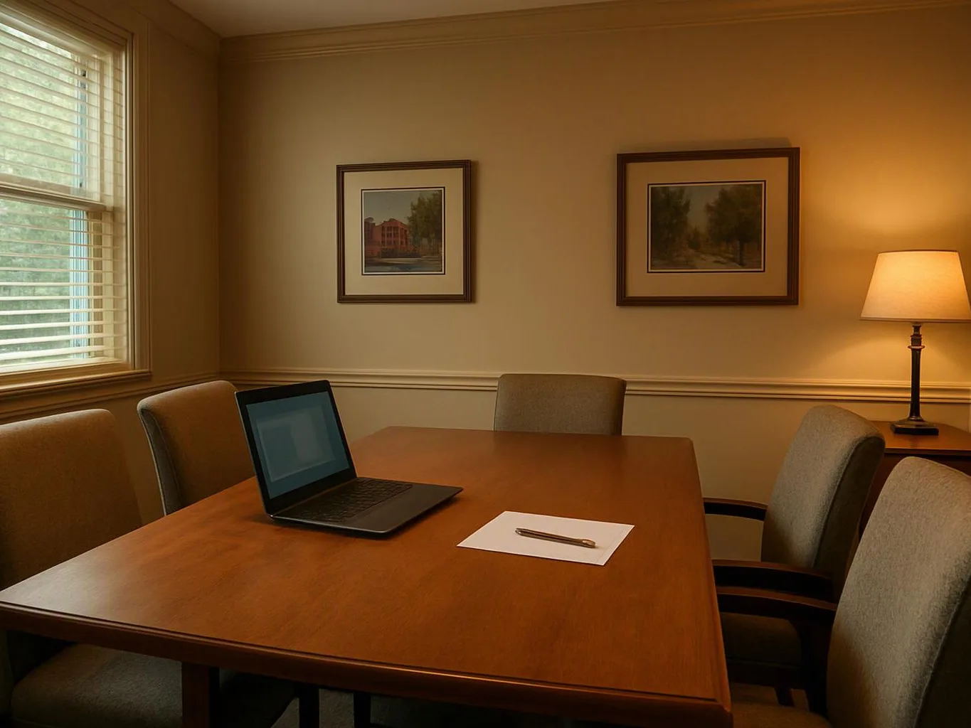 A small meeting room has a wooden table with a laptop, paper, and pen, plus chairs and a lit lamp