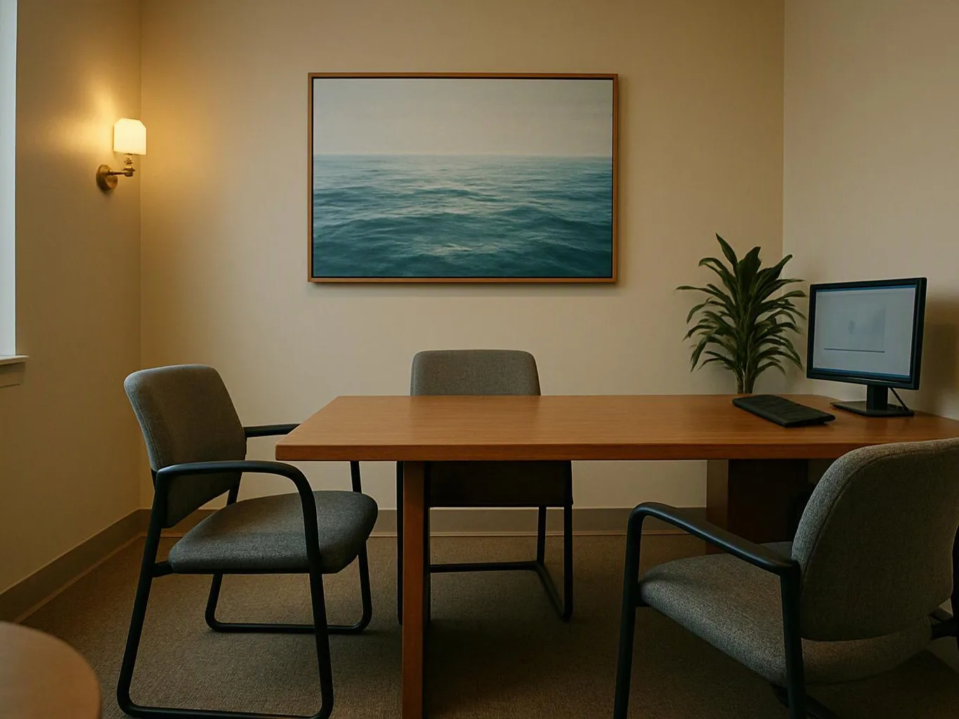 A small office room has three chairs, a wooden table, a computer monitor, a plant, and a seascape print on the wall