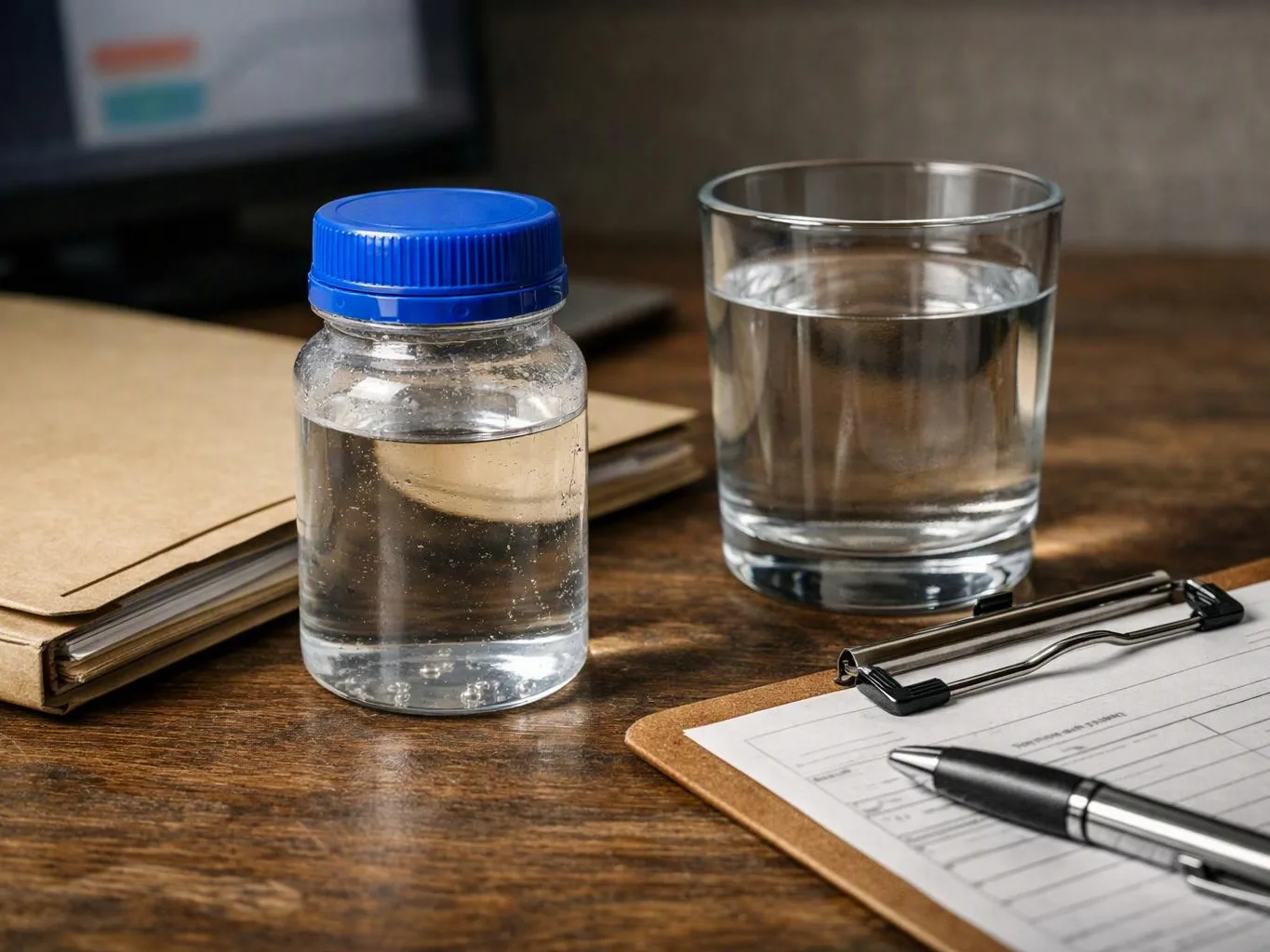 A small water bottle, a glass, clipboard, and notebook sit on a wooden desk near a laptop