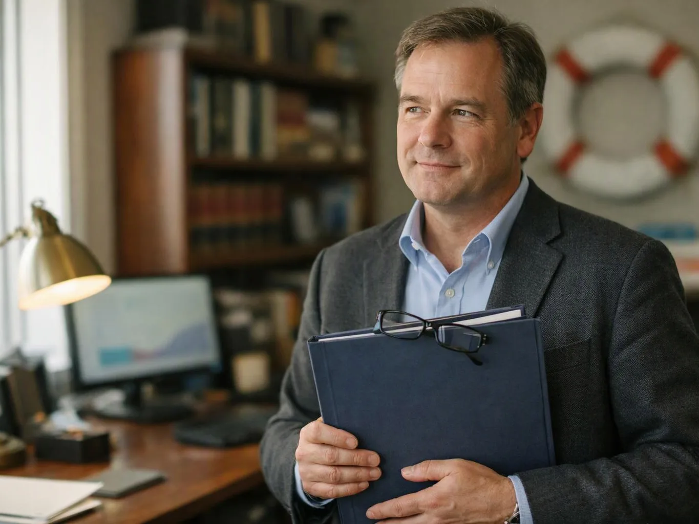 A smiling man in a blazer holds a blue folder in a tidy office with bookshelves and a desk lamp