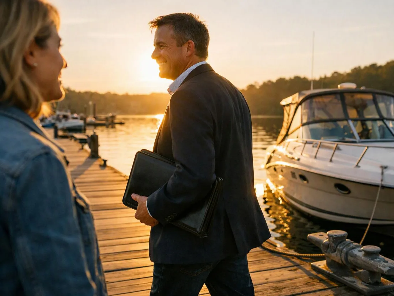 A smiling man in a blazer holds a folder beside a woman on a dock at sunset with a boat nearby